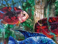 Fish, Aqua, Handmade Artwork Original oil Painting, Ready to Hang