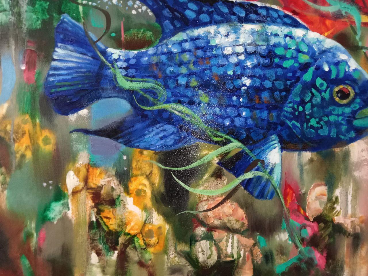Artist: Anatoly Borisovich Tarabanov
Work: Original oil painting, handmade artwork, one of a kind 
Medium: Oil on Canvas 
Year: 2010
Style: Contemporary Art
Title: Fish
Size: 27.5