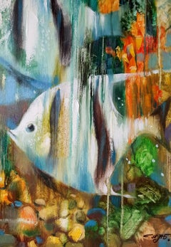 Fishes, Aqua, Handmade artwork Original oil Painting, Ready to Hang