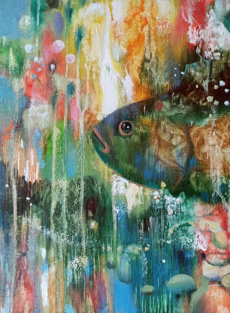 Artist: Anatoly Borisovich Tarabanov
Work: Original oil painting, handmade artwork, one of a kind 
Medium: Oil on Canvas 
Year: 2011
Style: Contemporary Art
Title: Fishes
Size: 23.5
