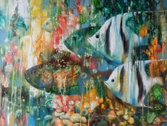 Fishes, Aqua, Handmade artwork Original oil Painting, Ready to Hang