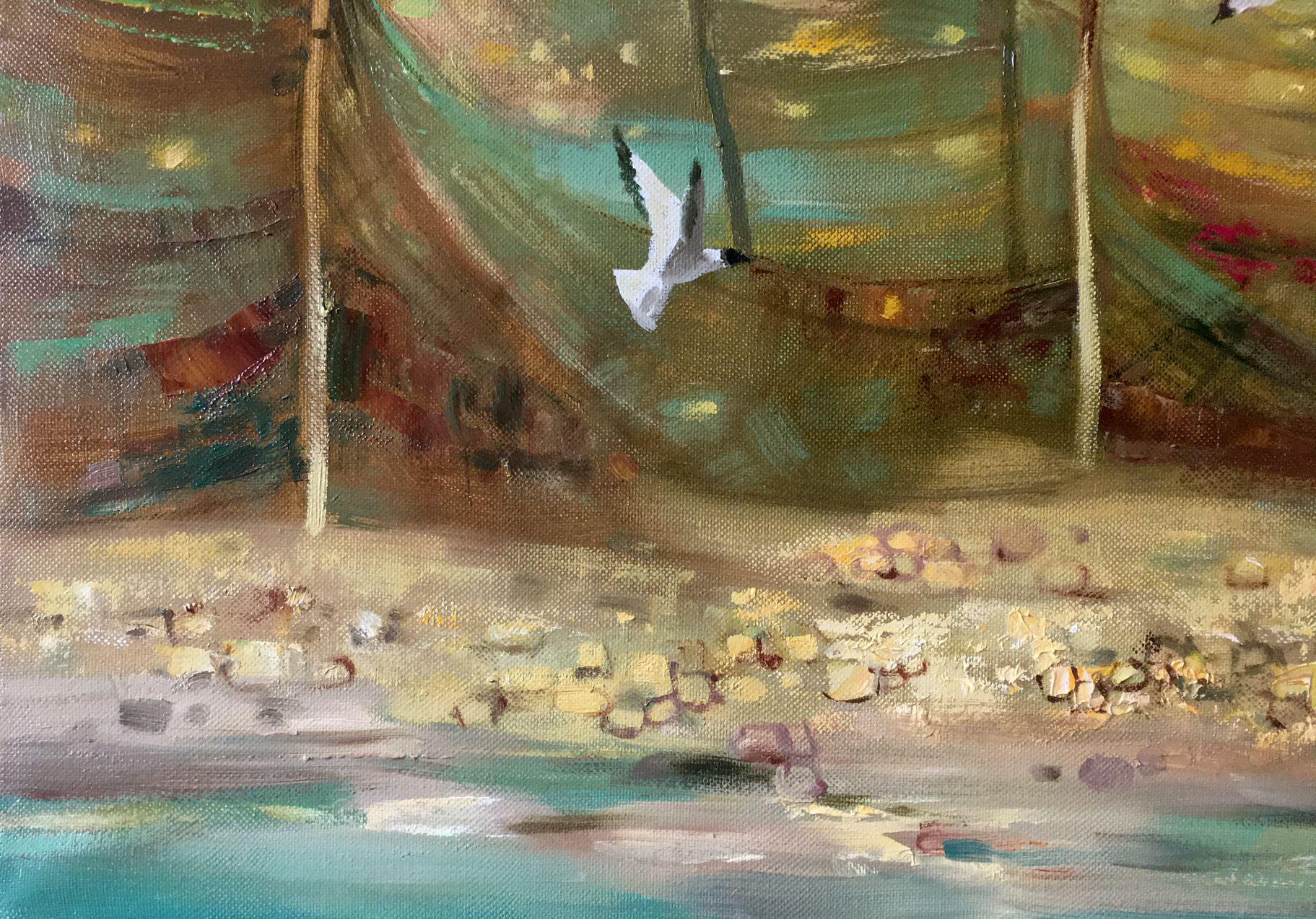 Reti da pesca, Pittura ad olio originale, pronta da appendere - Painting di Anatoly Tarabanov