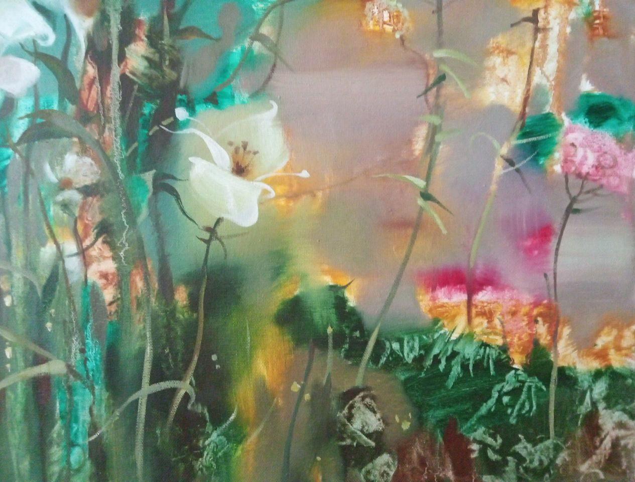 Blumen, handgefertigtes Original-Ölgemälde in Öl, hängefertig, hängefertig (Grau), Landscape Painting, von Anatoly Tarabanov