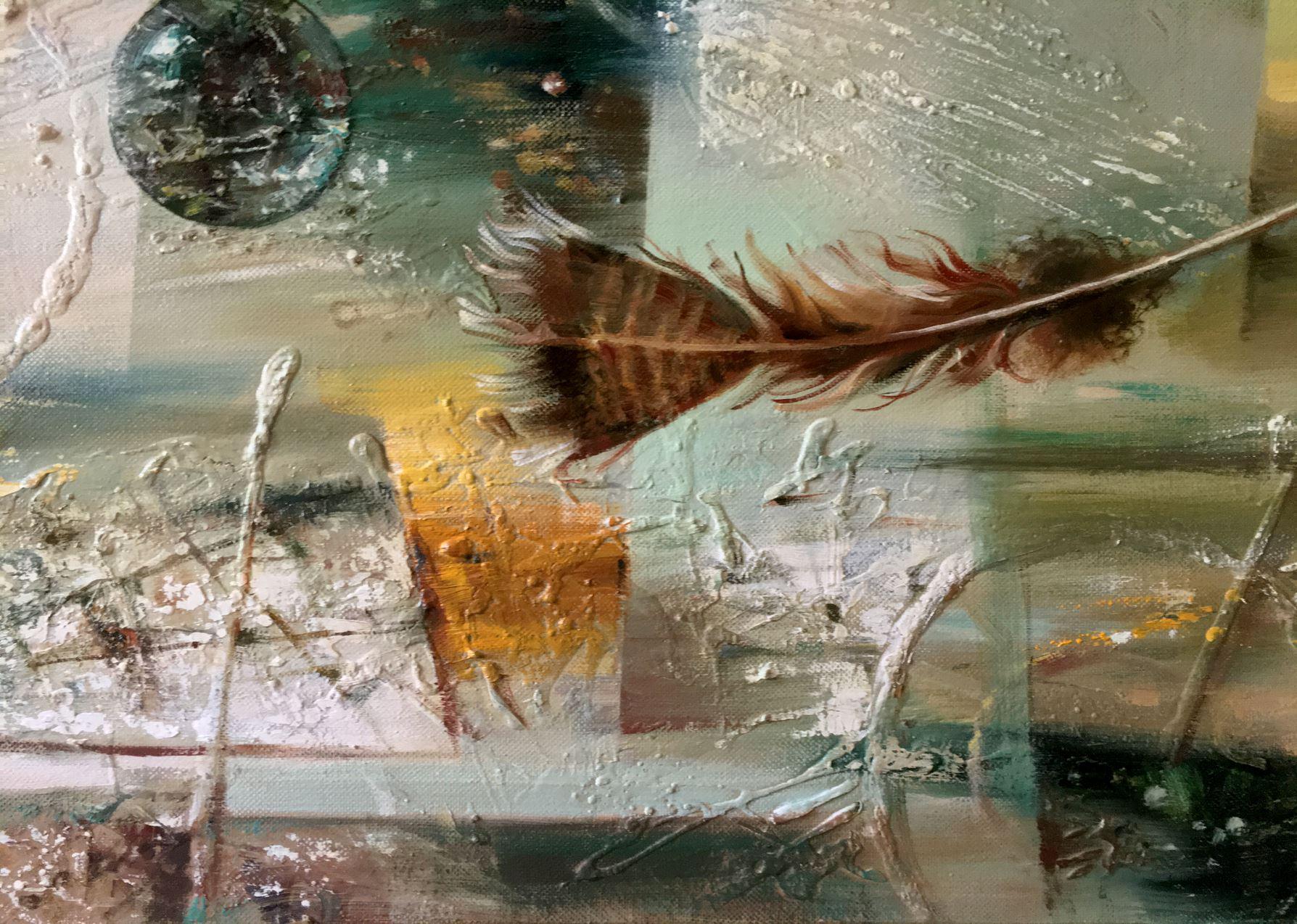 Flying Feather, Abstract, Original oil Painting, Ready to Hang - Brown Abstract Painting by Anatoly Tarabanov