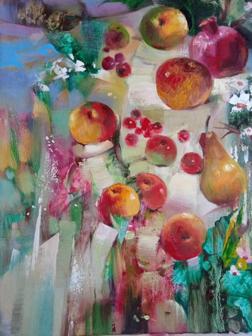 Fruit, Flowers, Original oil Painting, Ready to Hang - Gray Still-Life Painting by Anatoly Tarabanov