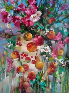 Fruits, Fleurs, Peinture à l'huile originale, prête à accrocher