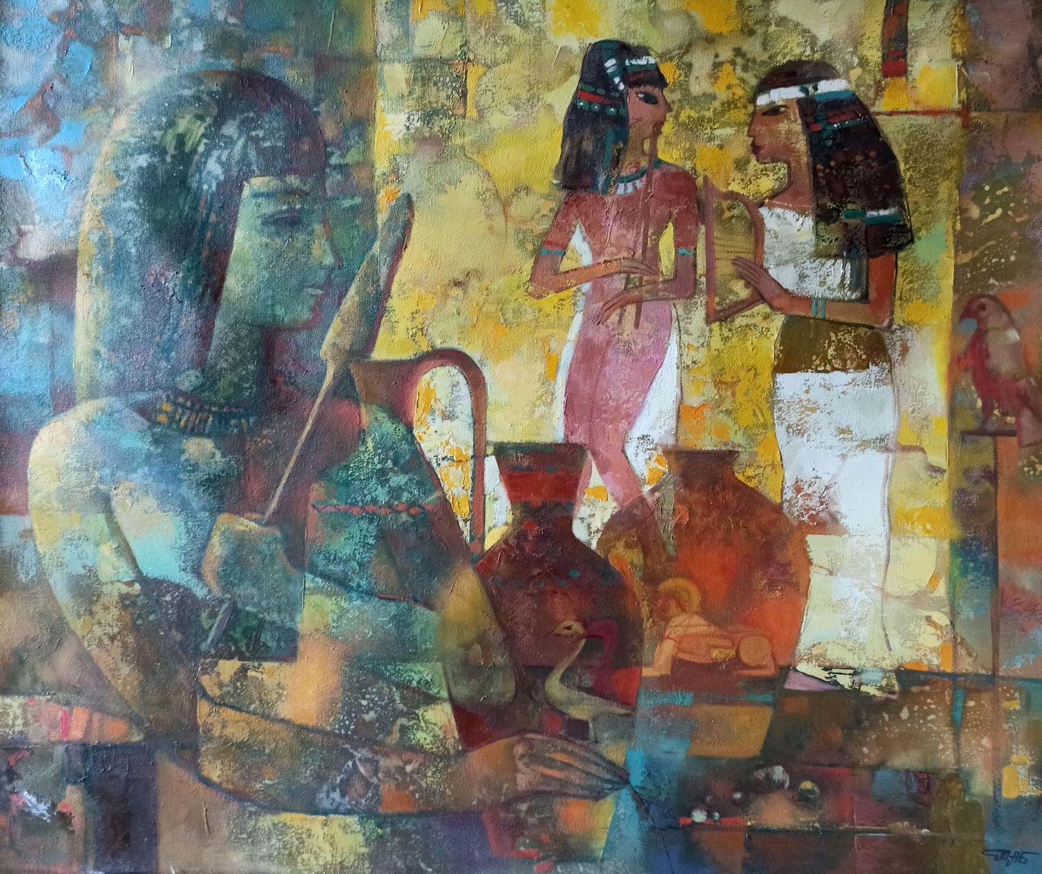 Geschenke an Pharaonen, figurativ, Original-Ölgemälde, hängefertig