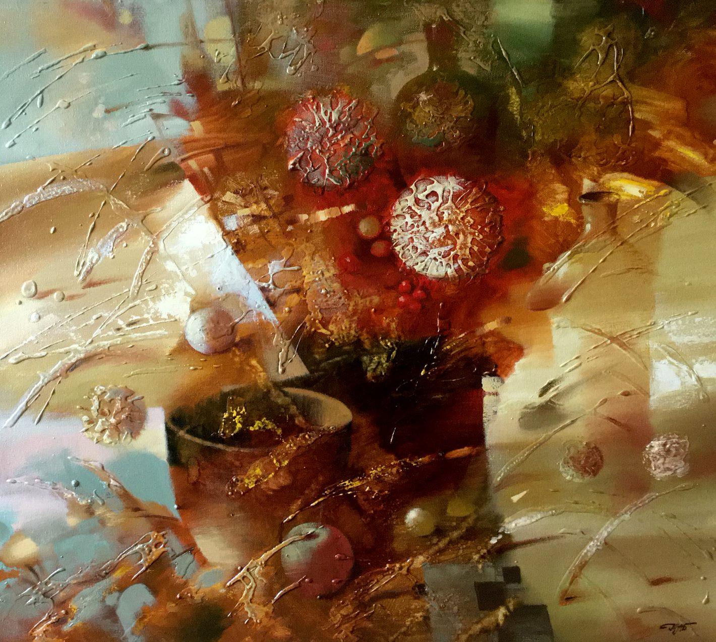 Raffica di vento, Natura morta astratta, Pittura ad olio originale, pronta da appendere