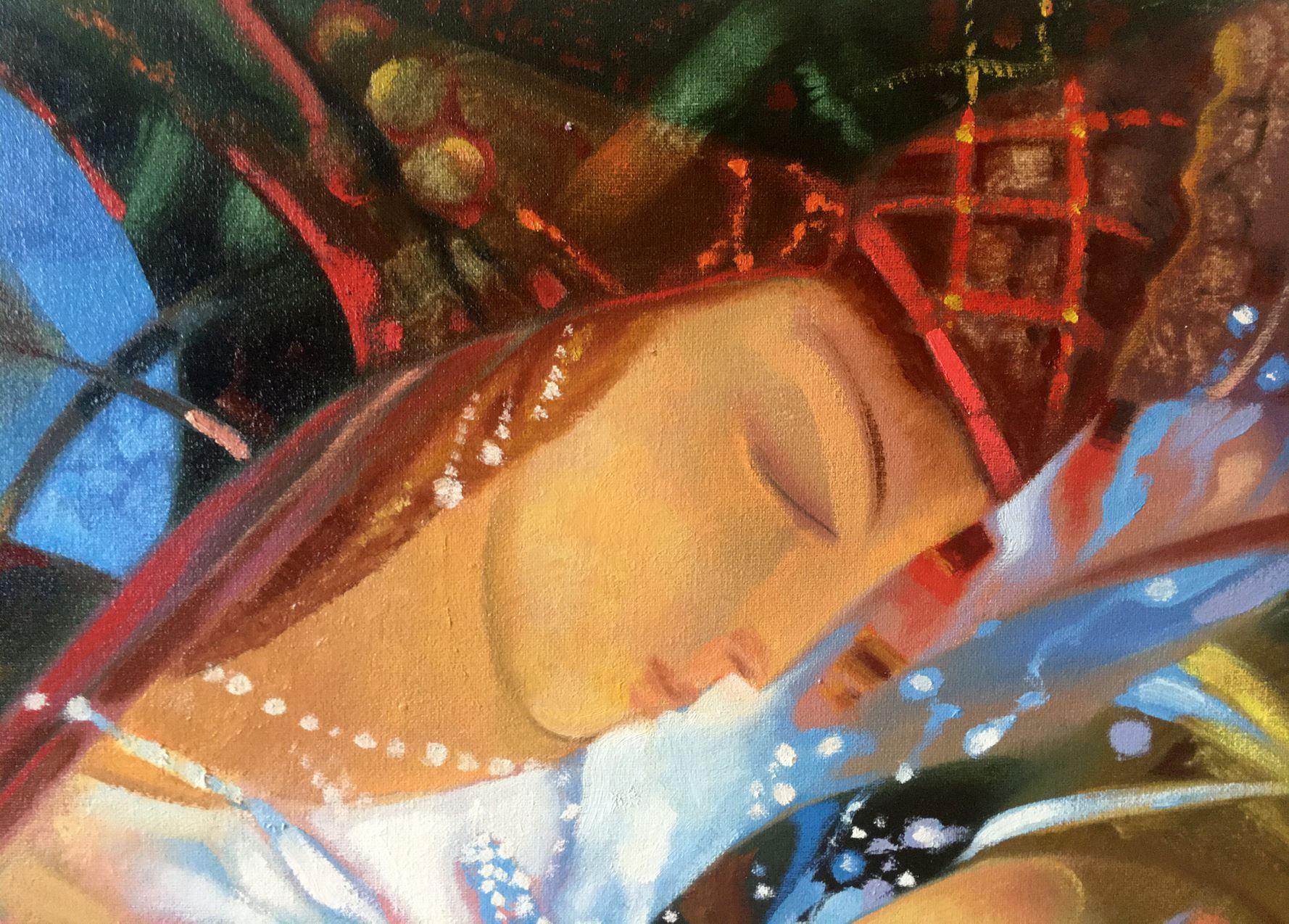 Rugiada mattutina, Ritratto d'arte, Figurativo, Pittura ad olio originale, Pronto da appendere in vendita 3