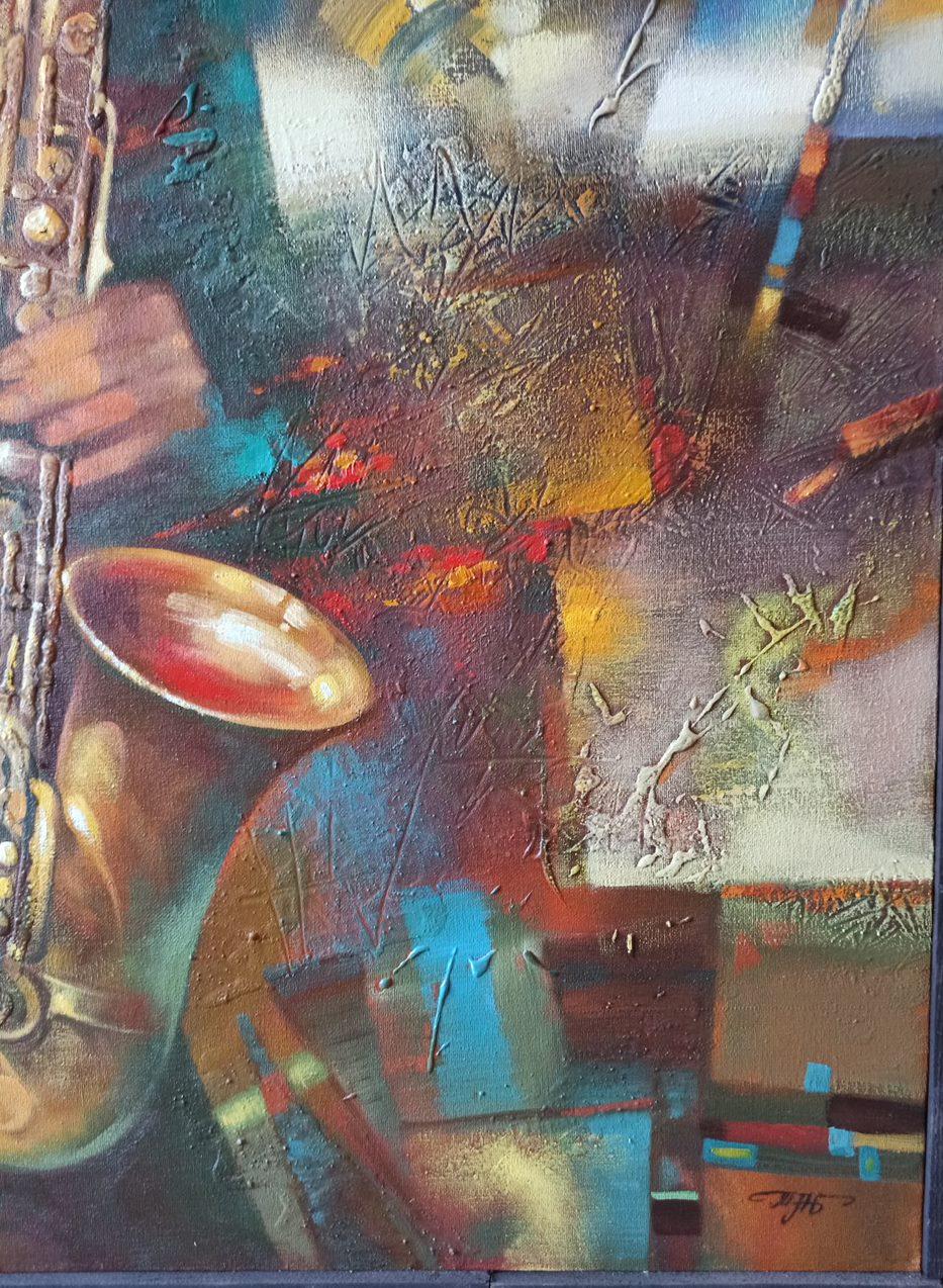 Night Blues, Musicians, Figurative, Original oil Painting, Ready to Hang For Sale 2