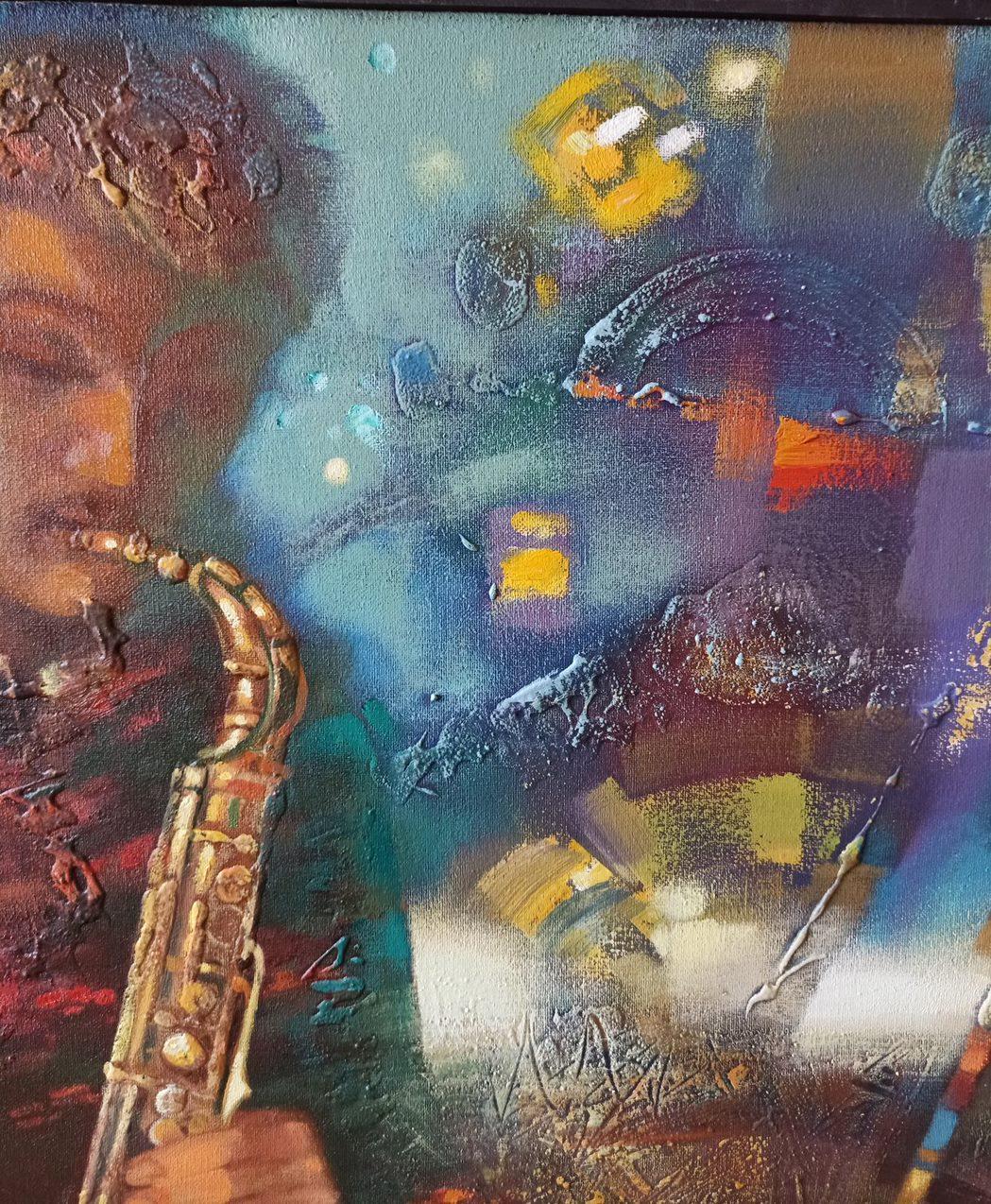 Night Blues, Musicians, Figurative, Original oil Painting, Ready to Hang For Sale 4
