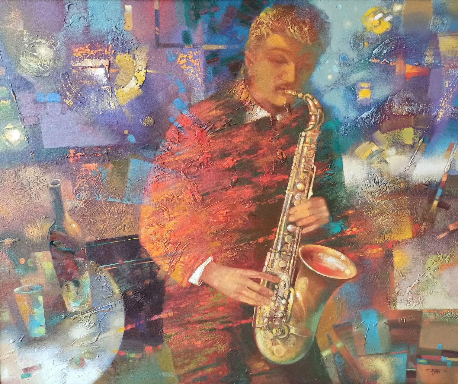 Anatoly Tarabanov Figurative Painting - Night Blues, Musicians, Figurative, Original oil Painting, Ready to Hang