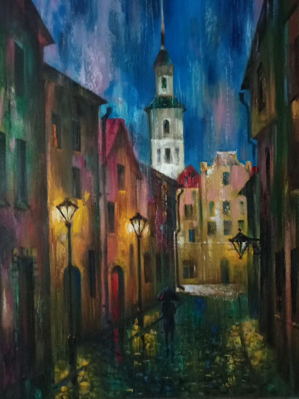 Anatoly Tarabanov Landscape Painting - Night City, Original oil Painting, Ready to Hang