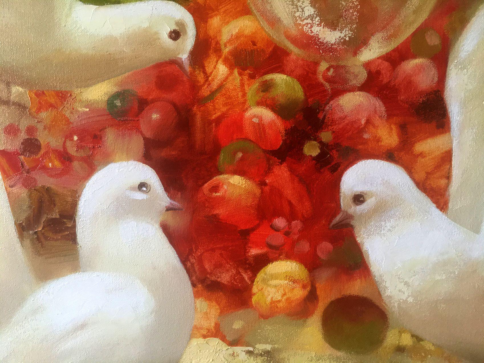 Pigeons, Birds, Original oil Painting, Ready to Hang For Sale 3