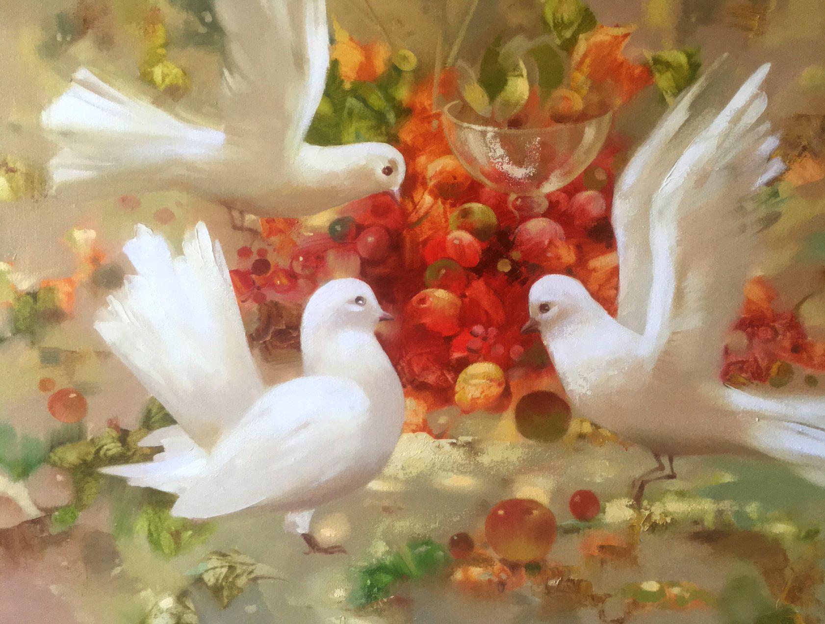 Anatoly Tarabanov Animal Painting - Pigeons, Birds, Original oil Painting, Ready to Hang