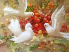 Pigeons, Oiseaux, Peinture à l'huile originale, prête à accrocher