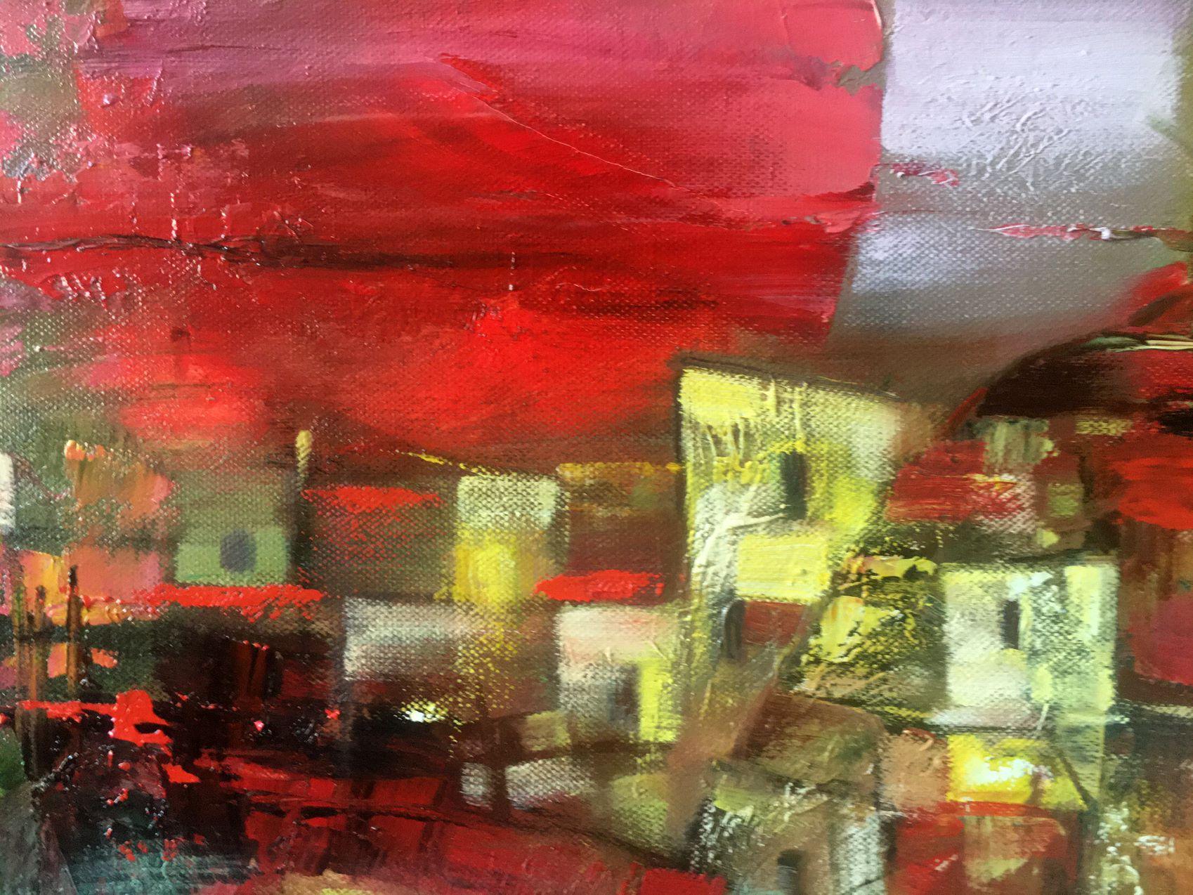 Red Sun, Abstract, Original oil Painting, Ready to Hang For Sale 7