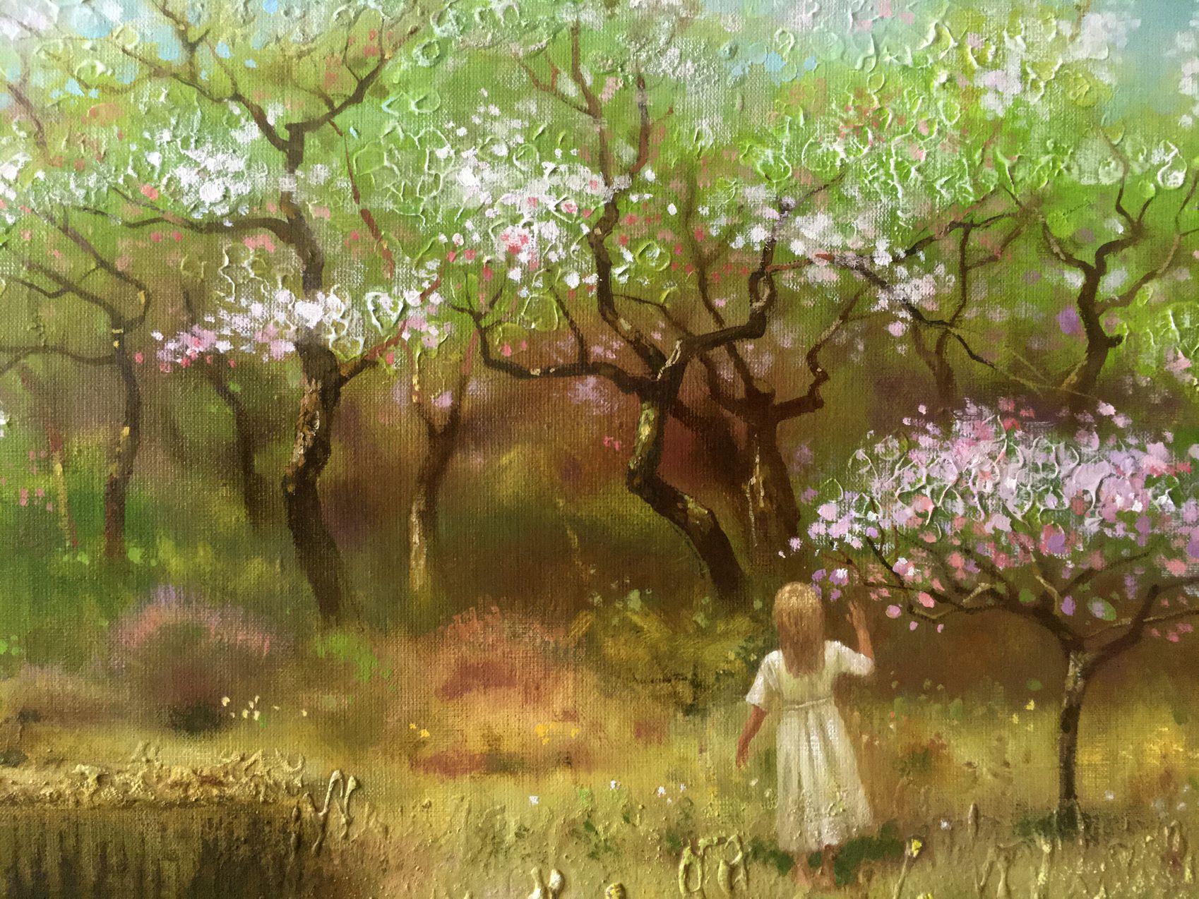 Jardín de primavera, Pintura al óleo original, Lista para colgar en venta 1