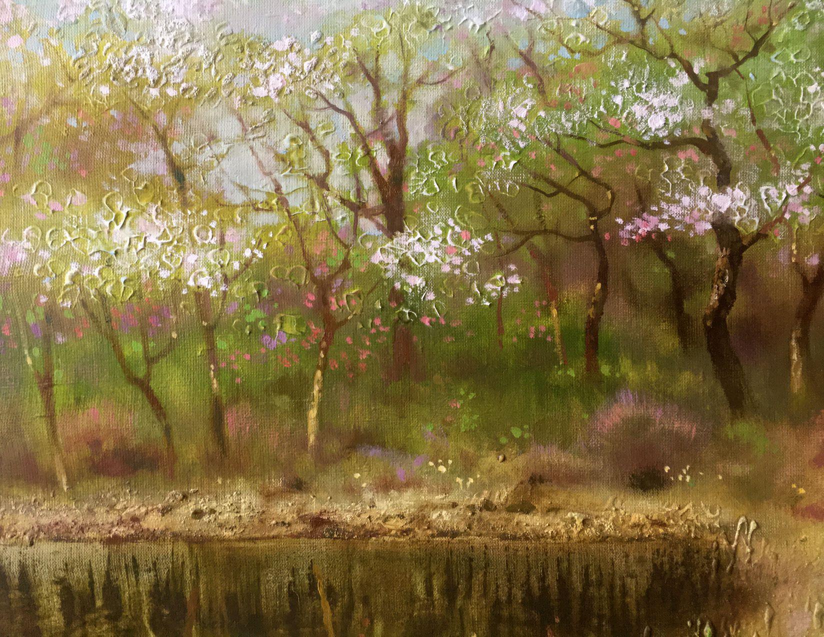 Jardín de primavera, Pintura al óleo original, Lista para colgar en venta 2