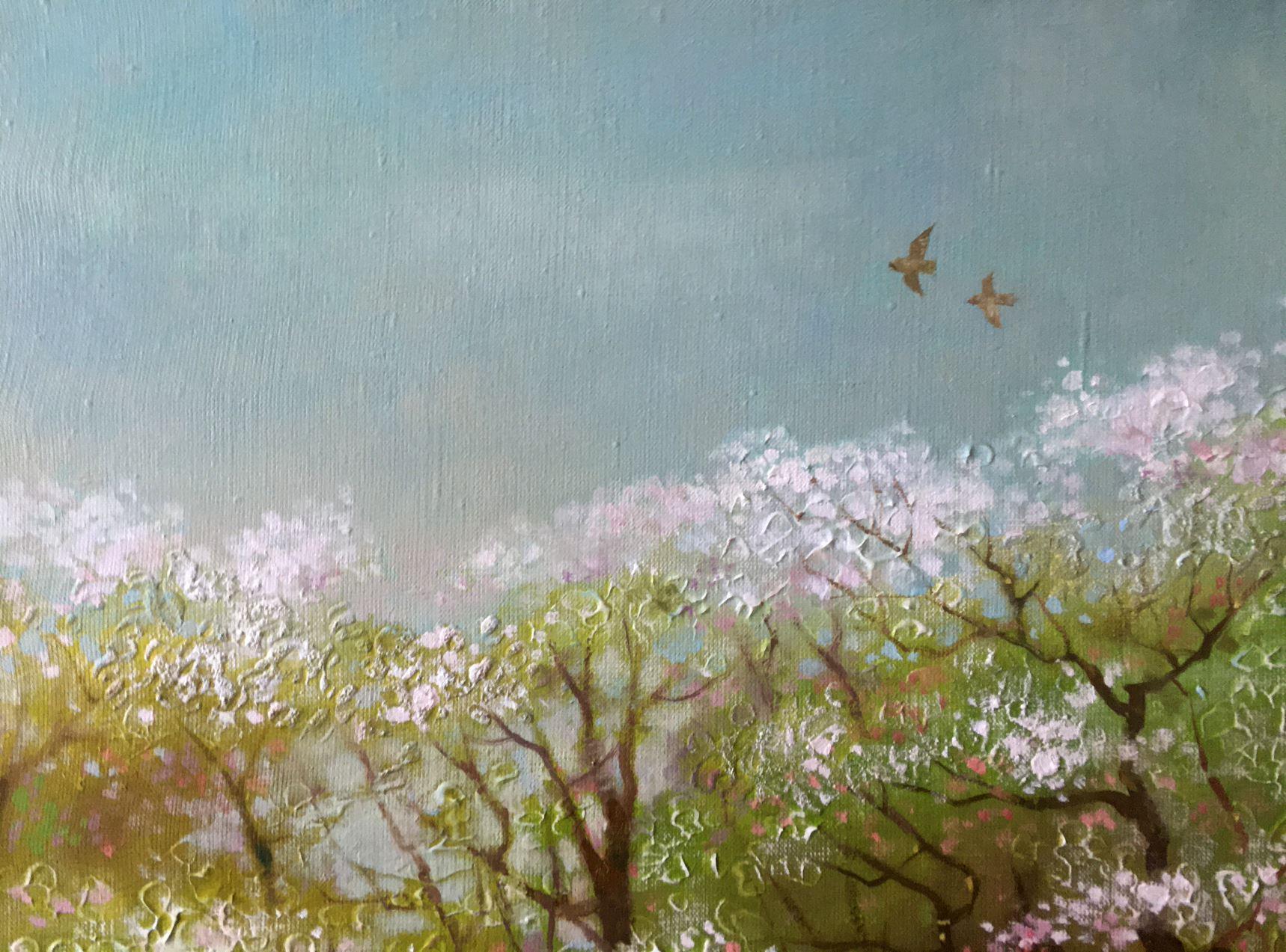 Jardín de primavera, Pintura al óleo original, Lista para colgar en venta 3