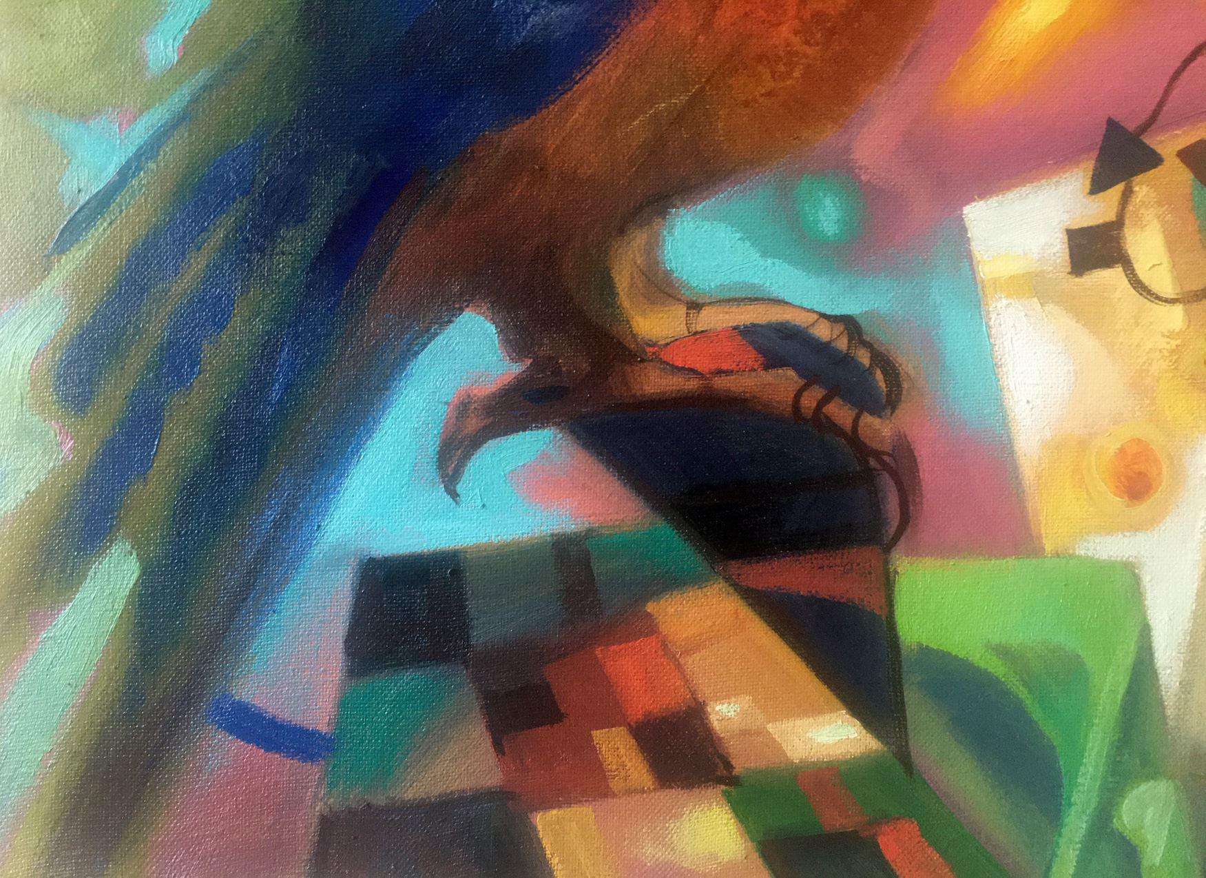 Stillleben mit einem Papagei, Original-Ölgemälde, hängefertig (Braun), Still-Life Painting, von Anatoly Tarabanov