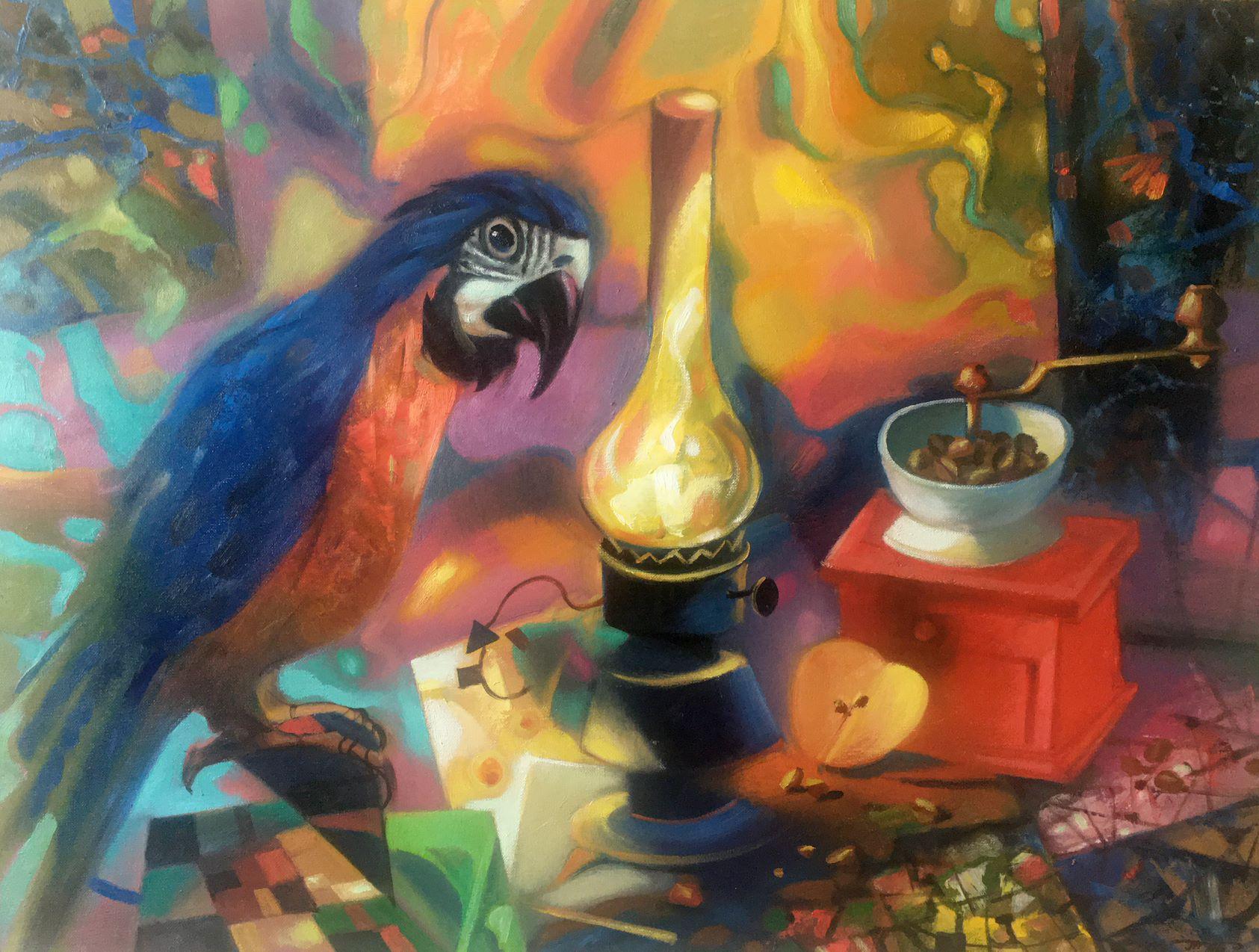 Anatoly Tarabanov Still-Life Painting – Stillleben mit einem Papagei, Original-Ölgemälde, hängefertig