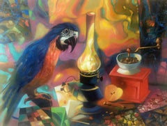 Still Life with a Parrot, Original oil Painting, Ready to Hang