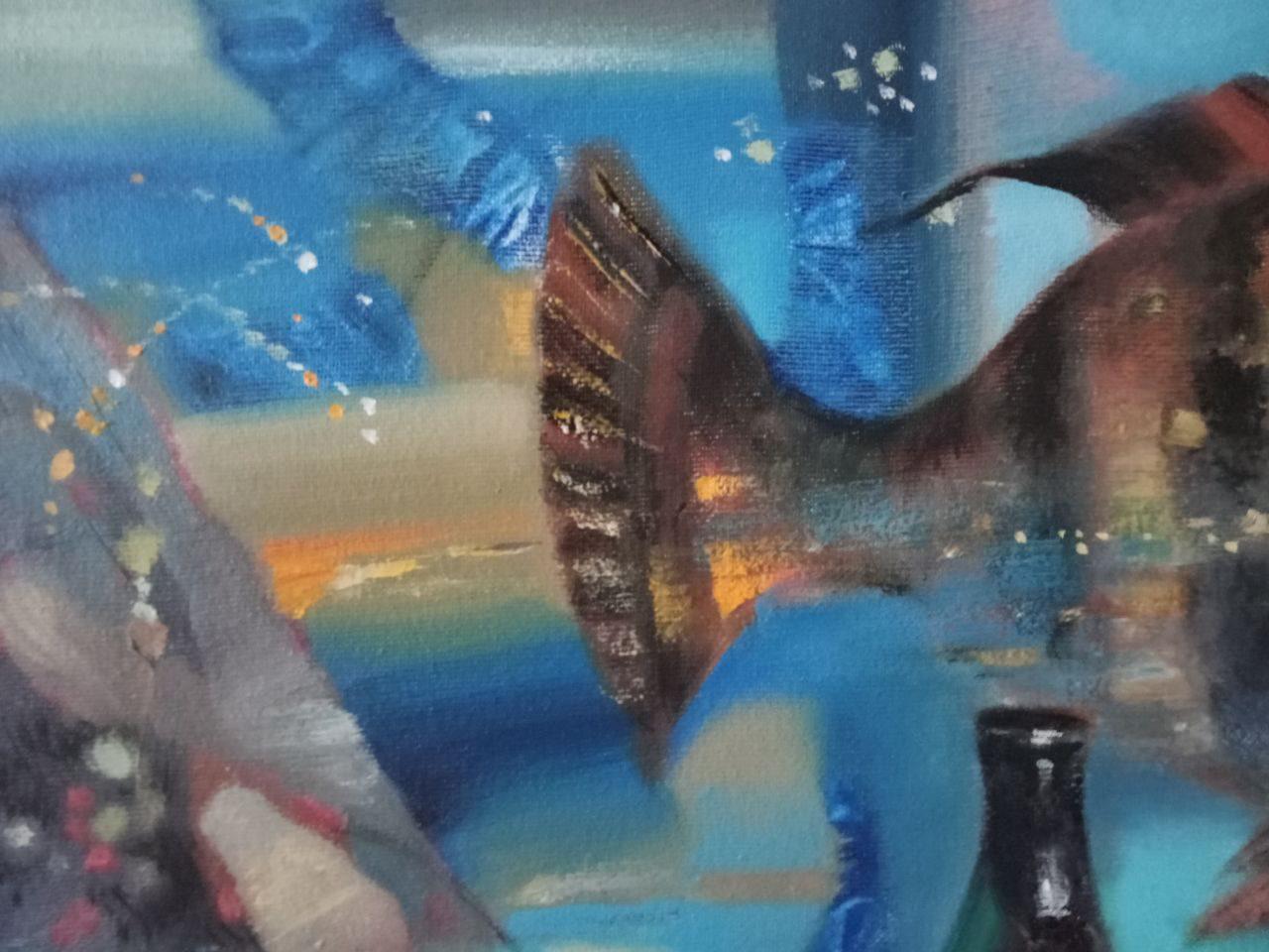 Naturaleza muerta con peces, Surrealismo, Pintura al óleo original hecha a mano, Lista para colgar - Still-Life Painting Negro de Anatoly Tarabanov