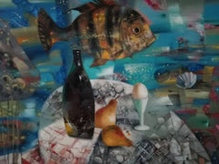Still Life with Fish, Original oil Painting, Ready to Hang