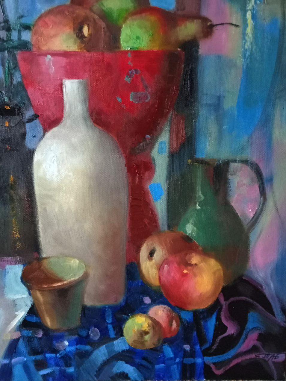 Natura morta con lampada, Pittura a olio originale, pronta da appendere - Painting di Anatoly Tarabanov