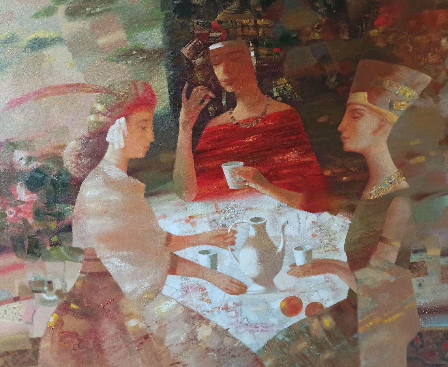 Anatoly Tarabanov Figurative Painting – Teeparty, figurativ, Original-Ölgemälde in Öl, hängefertig