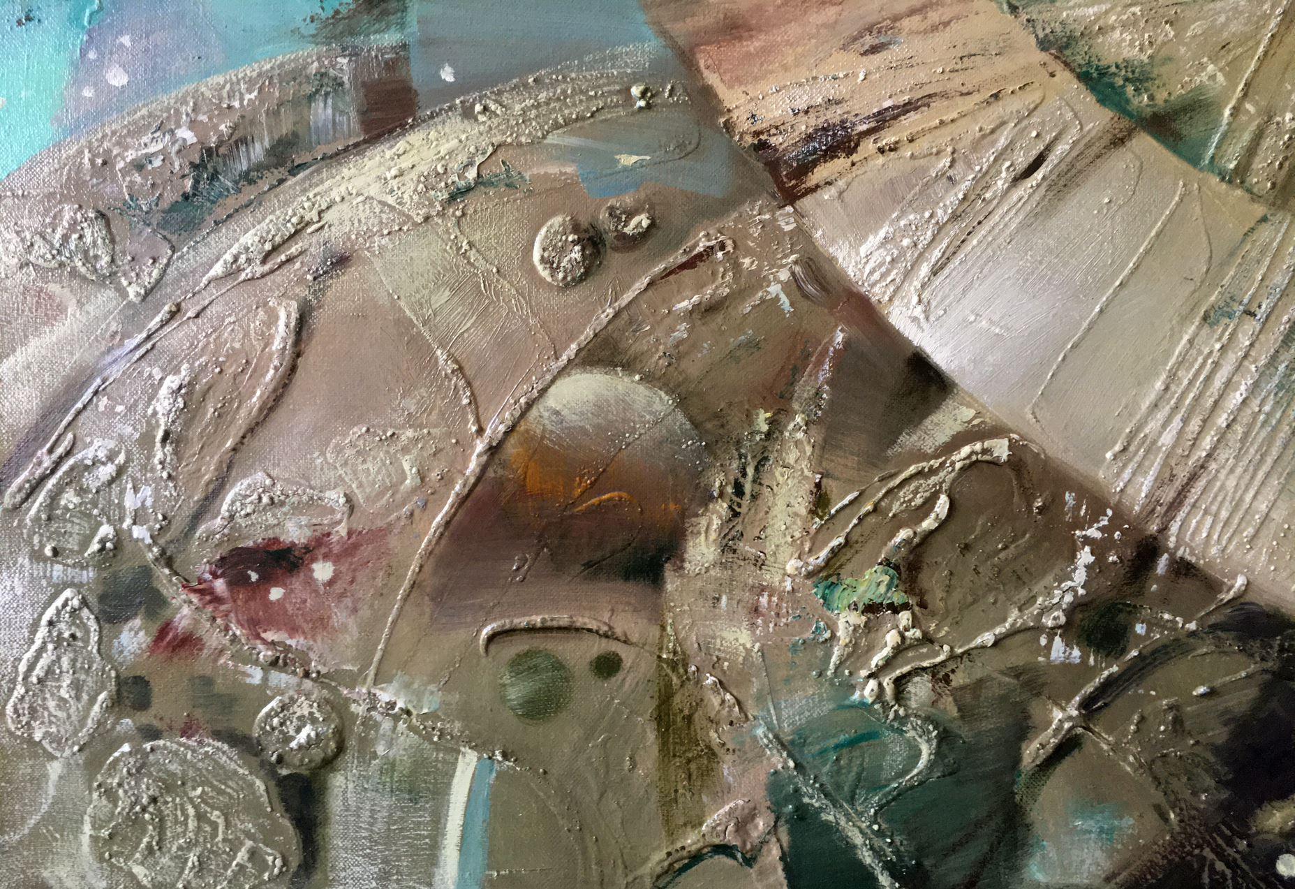 Due banche, Arte figurativa, Pittura ad olio originale, Pronta da appendere - Figurative Painting Grigio di Anatoly Tarabanov