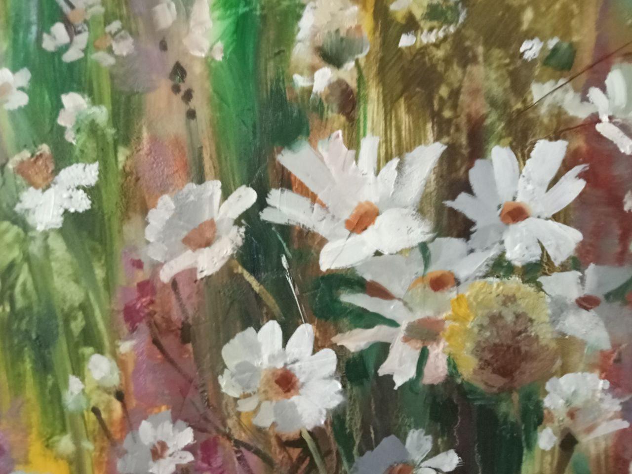 Wild Flowers, Original oil Painting, Ready to Hang - Gray Landscape Painting by Anatoly Tarabanov
