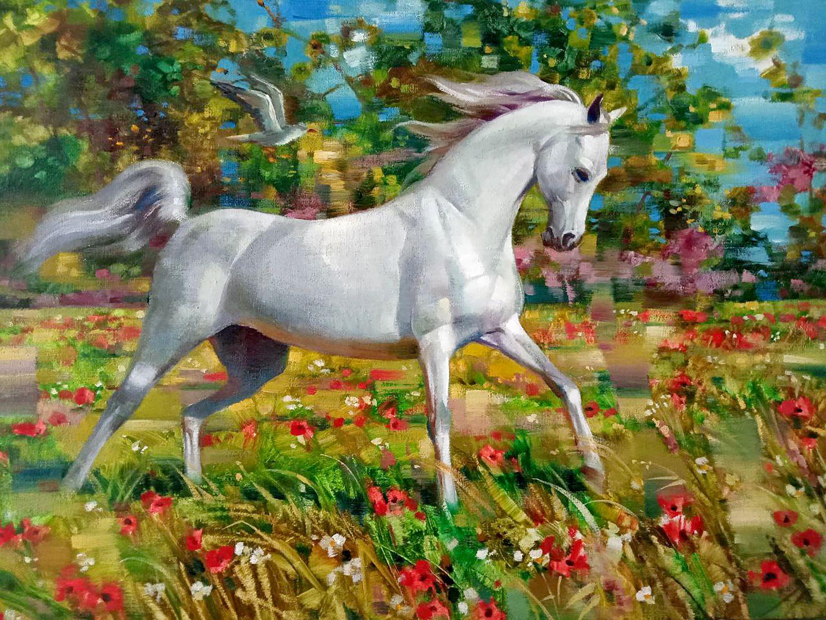 Wind in the Mane, cheval, peinture à l'huile originale, prête à accrocher