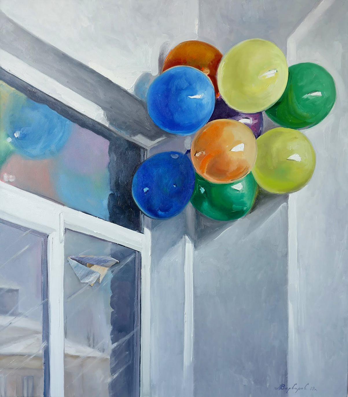 Interior Painting Anatoly Varvarov Viktorovich - Après les vacances, Balloons Contemporary Art - Peinture à l'huile originale, unique en son genre