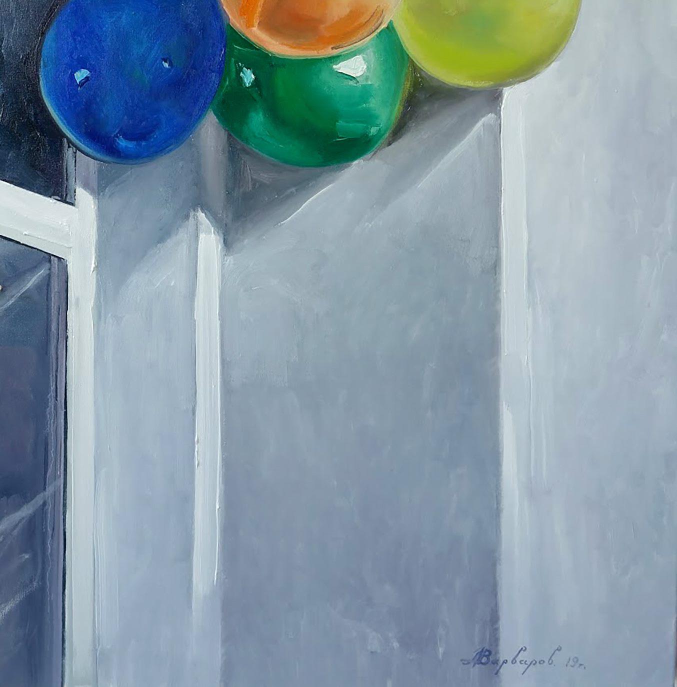 After the Holiday, Balloons Contemporary Art Original oil Painting One of a Kind - Gray Interior Painting by Anatoly Varvarov Viktorovich