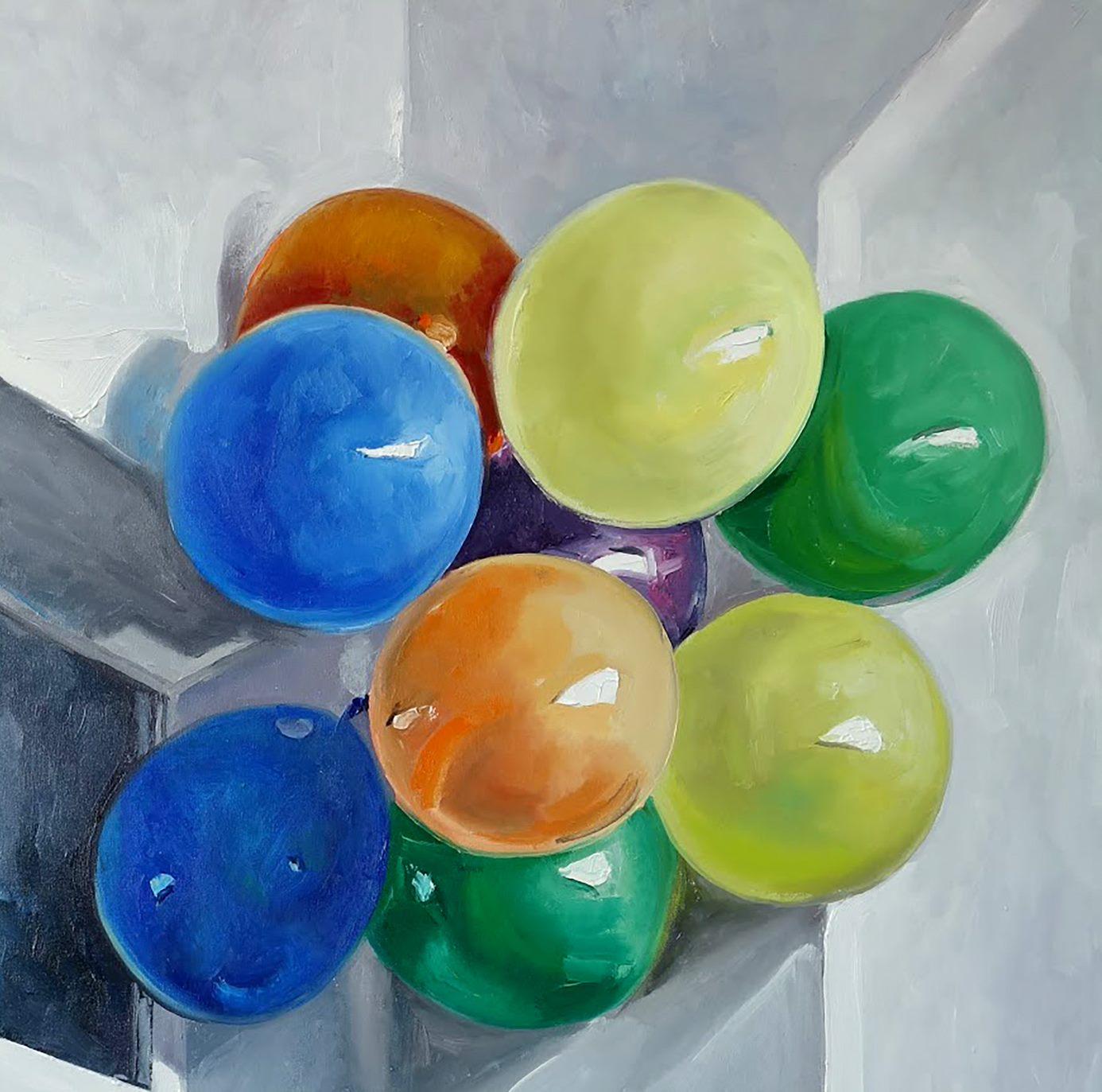 Après les vacances, Balloons Contemporary Art - Peinture à l'huile originale, unique en son genre - Gris Interior Painting par Anatoly Varvarov Viktorovich