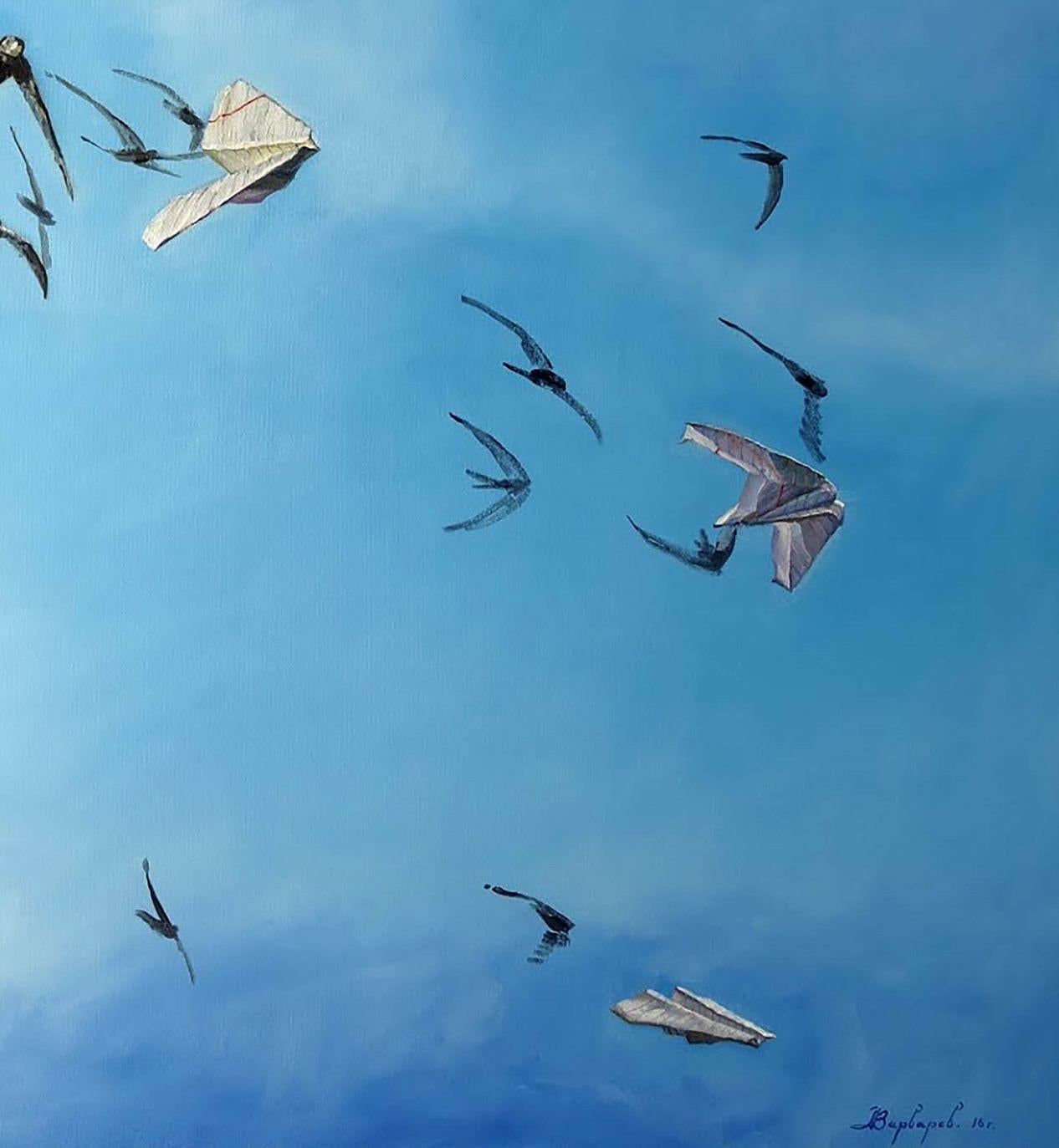 Air Corridor, Sky, Birds, Original oil Painting, One of a Kind - Blue Landscape Painting by Anatoly Varvarov Viktorovich