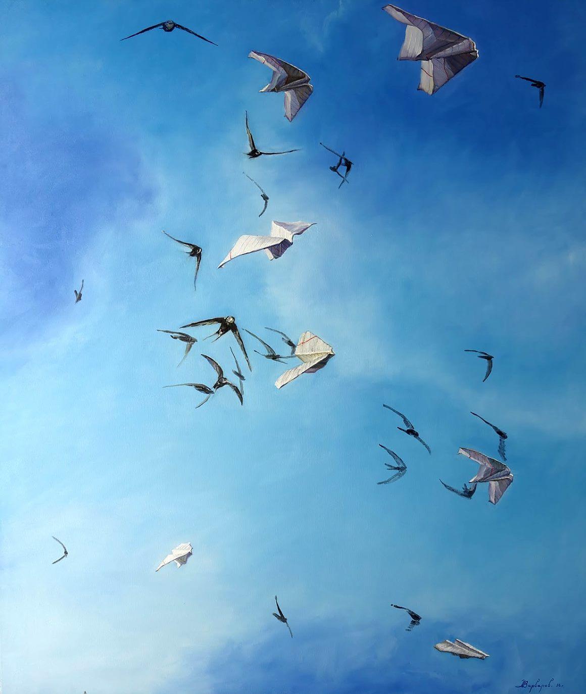 Air Corridor, Sky, Birds, Original oil Painting, One of a Kind