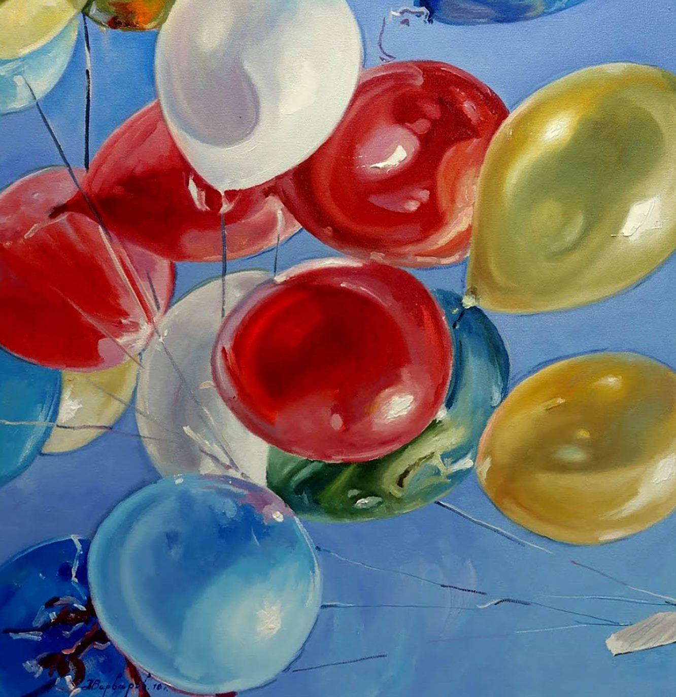 Carrier, Balloons, Canvas Art, Original oil Painting, One of a Kind - Blue Landscape Painting by Anatoly Varvarov Viktorovich