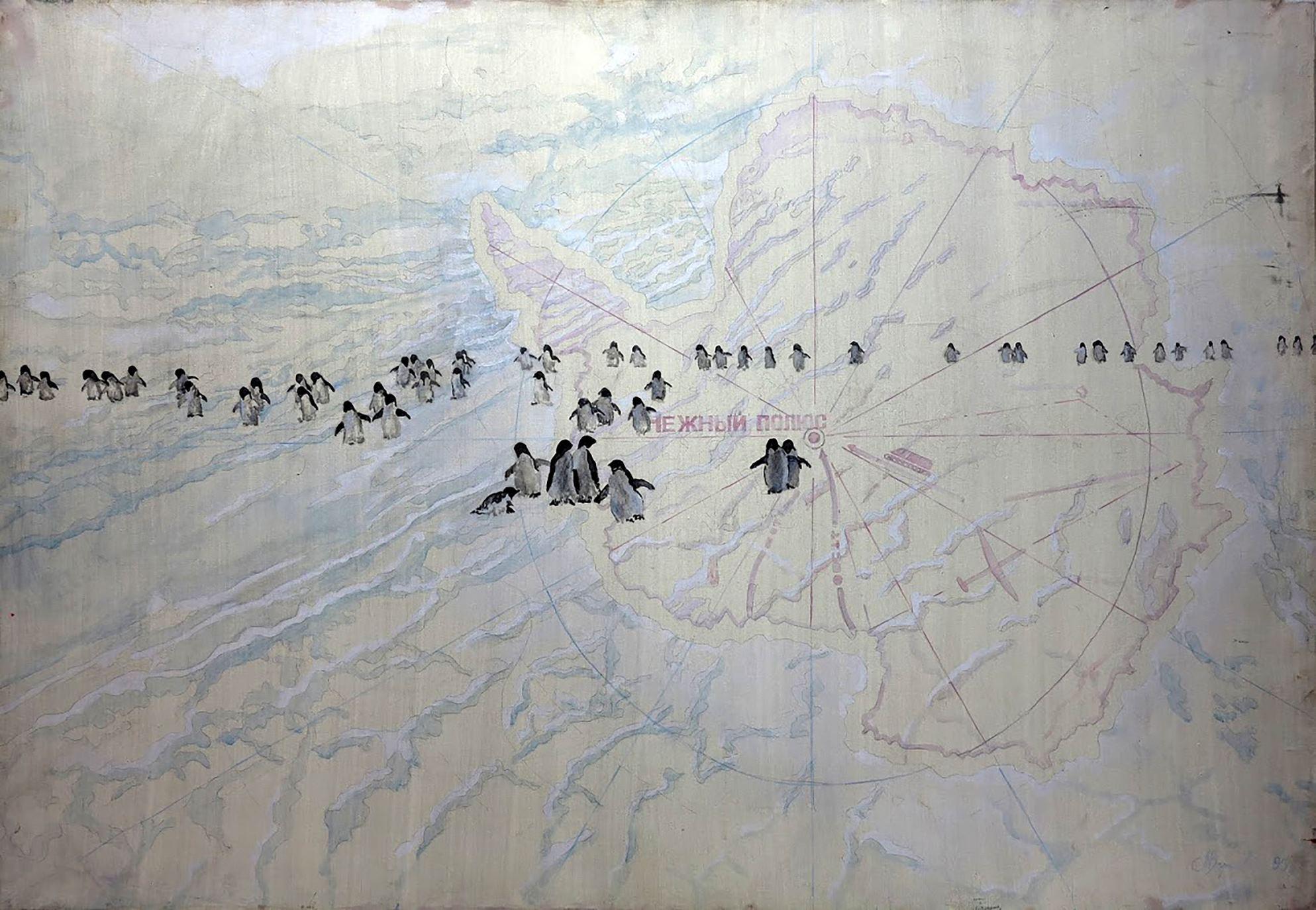 Anatoly Varvarov Viktorovich Animal Painting – Delicate Pole, Arktis, Pinguin Zeitgenössisches Original-Ölgemälde, Unikat