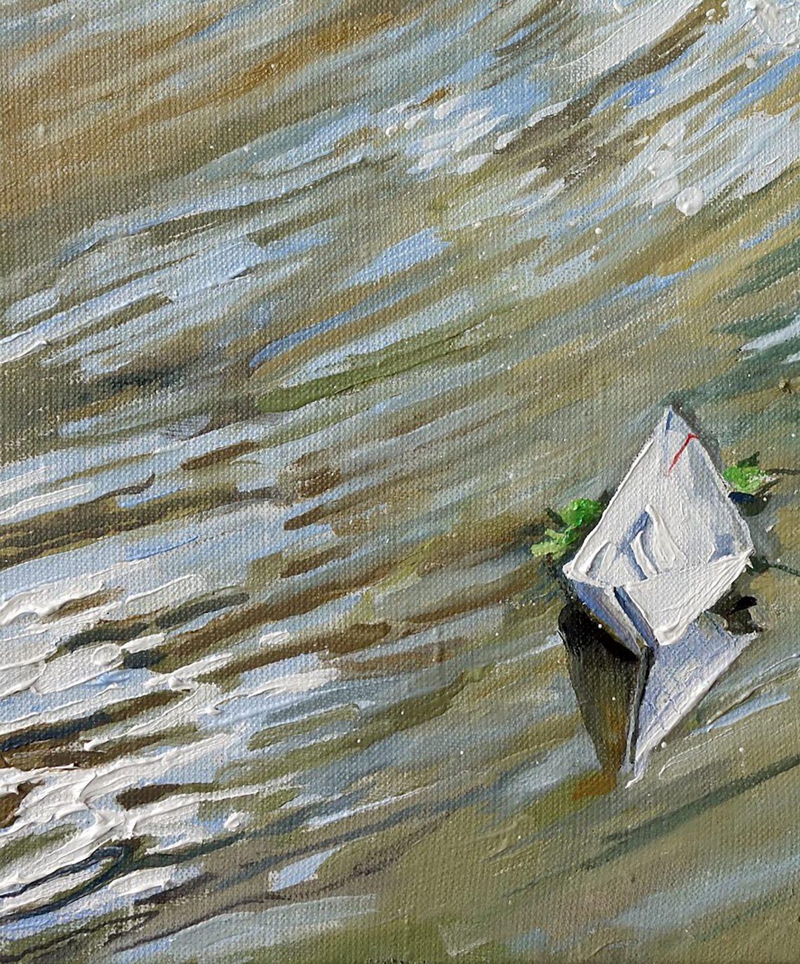 Artist: Varvarov Anatoly Viktorovich
Title: Gravity
Sise: 16x12 inches, (40x30 cm)
Medium: Oil on Canvas
Hand painted, original, one of a kind, Ready to Hang

A paper boat floating down a fast stream is the focus of this oil painting. The title,