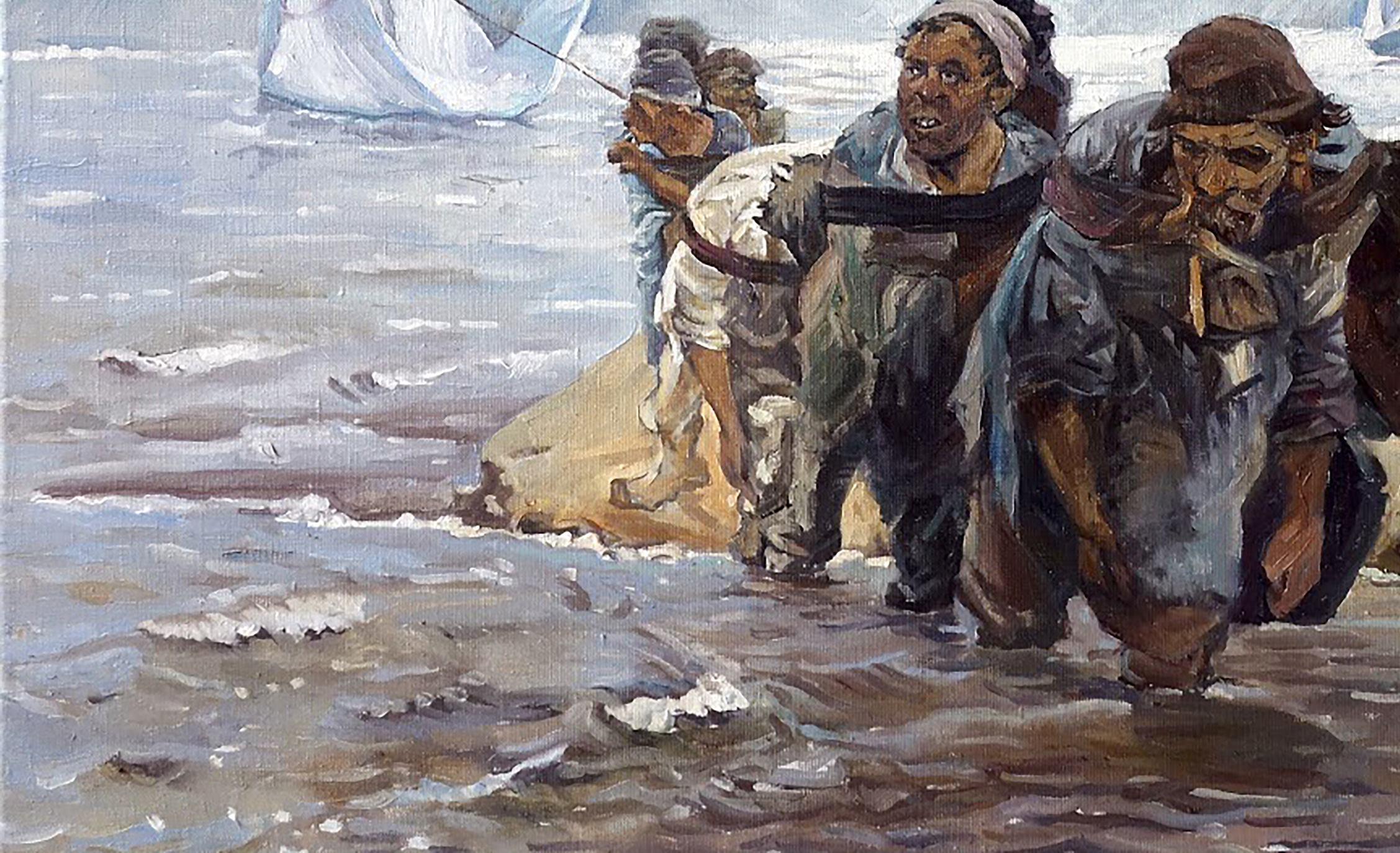 Peinture à l'huile originale « On the Volga », exemplaire unique - Photoréalisme Painting par Anatoly Varvarov Viktorovich