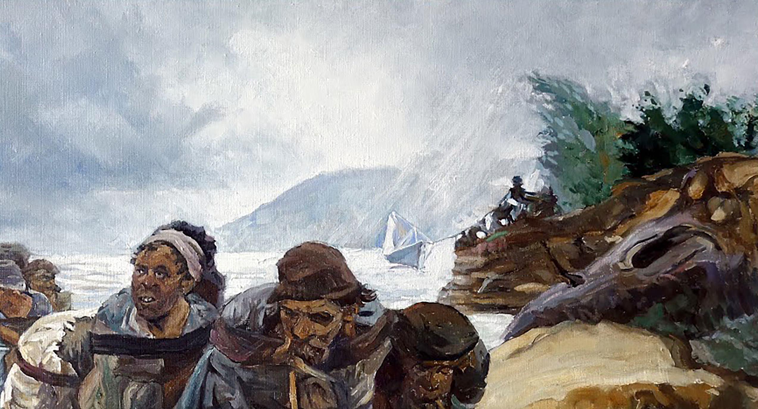 Peinture à l'huile originale « On the Volga », exemplaire unique - Gris Figurative Painting par Anatoly Varvarov Viktorovich
