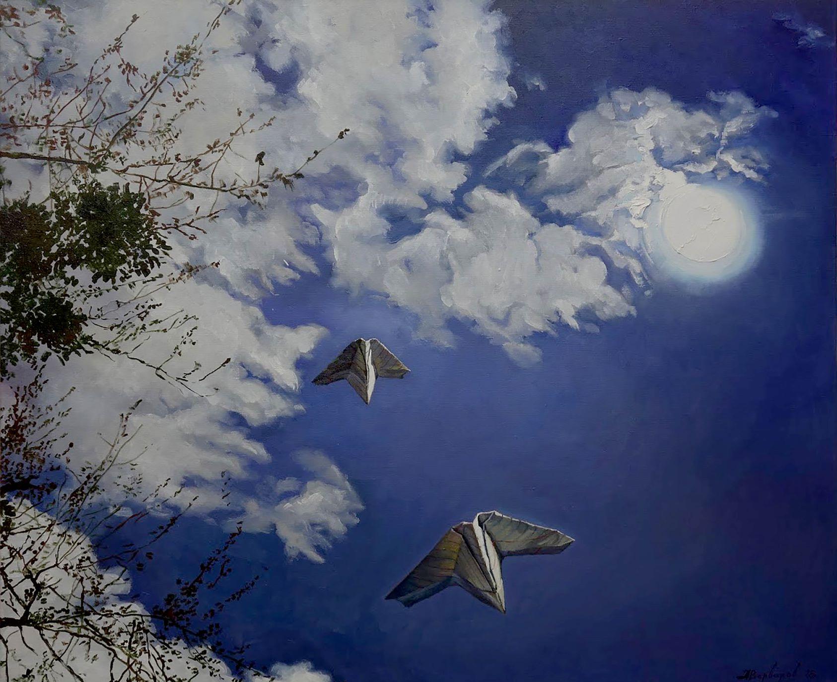 Landscape Painting di Anatoly Varvarov Viktorovich - Passeggiata sotto la luna, cielo, nuvole, Pittura ad olio originale, Pezzo unico