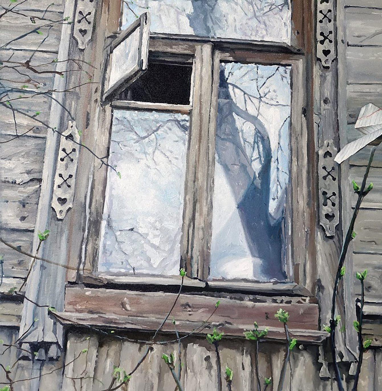 Window, Contemporary Art, Original oil Painting, One of a Kind - Gray Landscape Painting by Anatoly Varvarov Viktorovich
