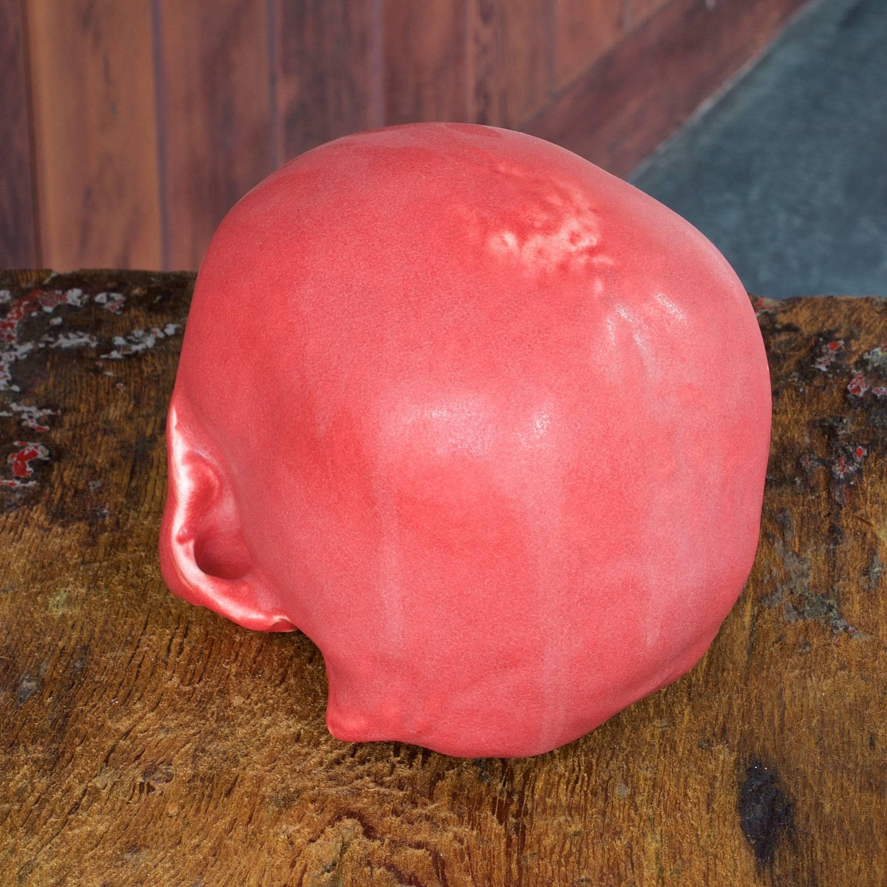 Arts and Crafts Anatomic Human Skull in Red Glazed Pottery as Art Sculpture Bookend