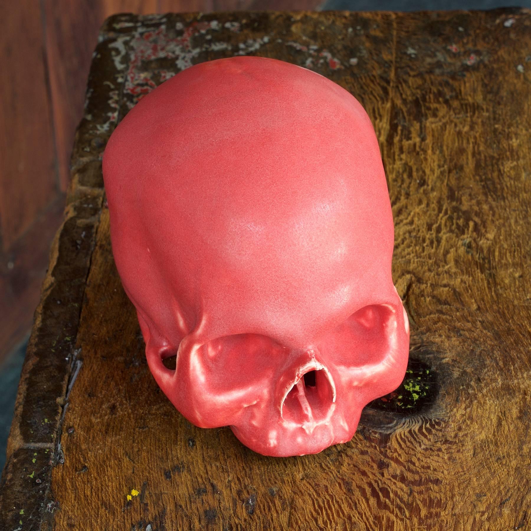 American Anatomic Human Skull in Red Glazed Pottery as Art Sculpture Bookend