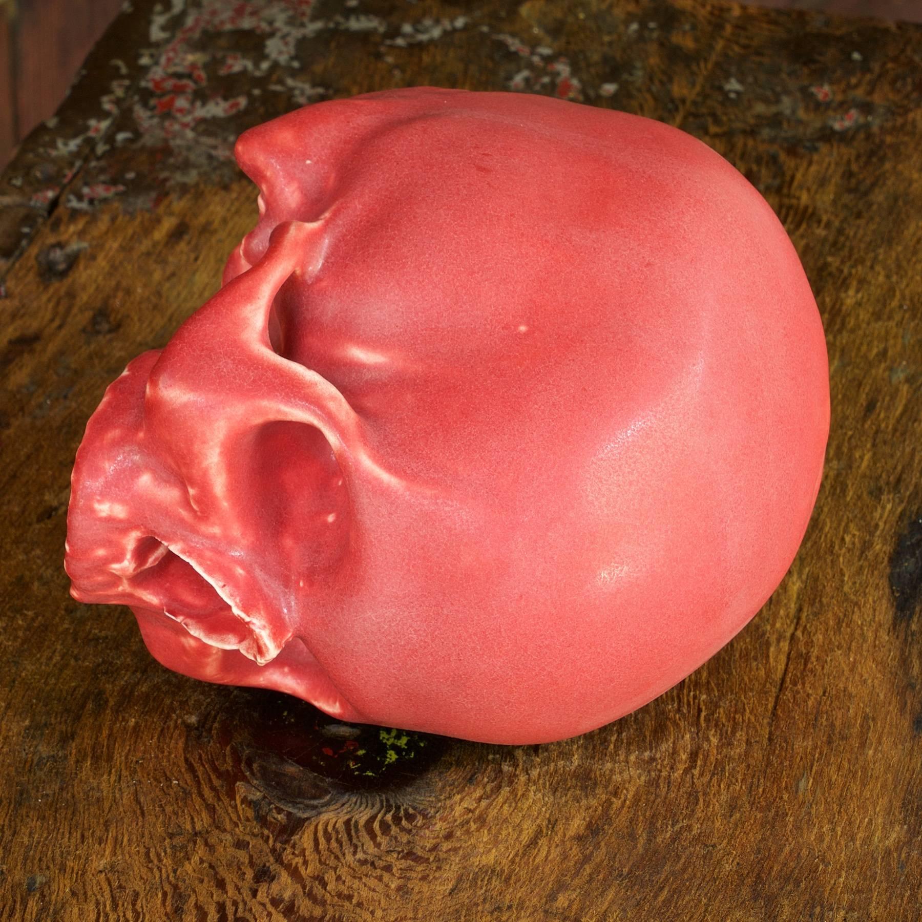 Anatomic Human Skull in Red Glazed Pottery as Art Sculpture Bookend In Excellent Condition In Hyattsville, MD