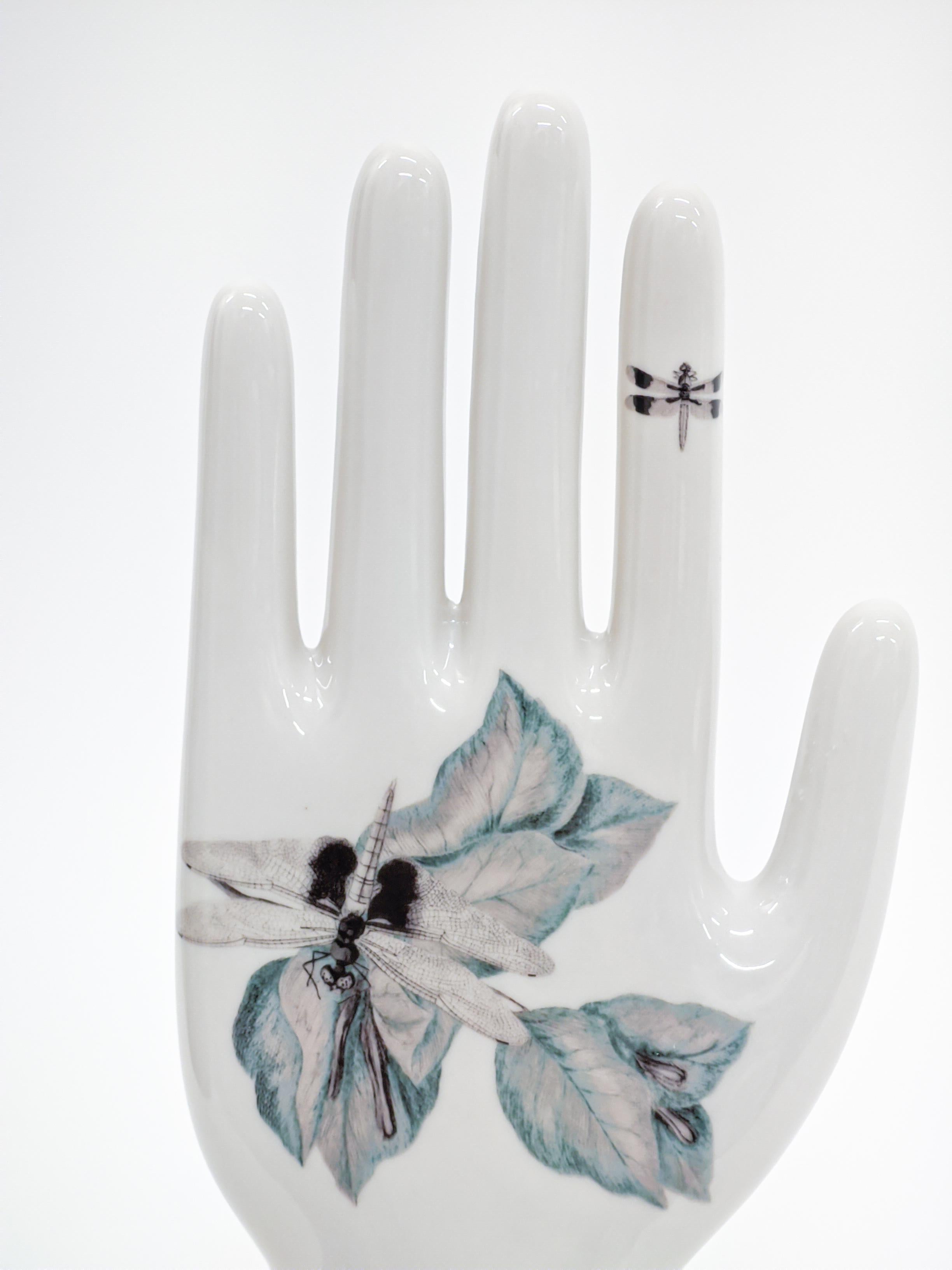 Molded Anatomica, Porcelain Hand with leaves and dragonflies Decoration by Vito Nesta For Sale
